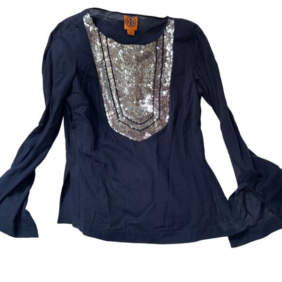 tory burch navy blue silver tightly woven sequins tunic top ORIGINAL 6 - Picture 1 of 5